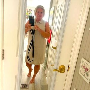 Linen Shirtdress. Above knee length. Beige